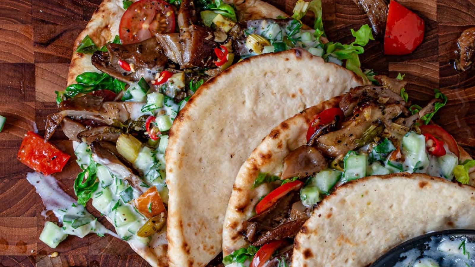 PHOTO: Mushroom Souvlaki sandwiches with plant-based tzatziki.