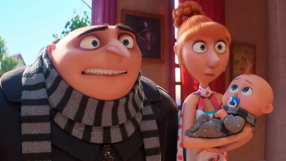 PHOTO: Gru, voiced by Steve Carell, left, and Lucy, voiced by Kristen Wiig, holding Gru Jr. in a scene from "Despicable Me 4."