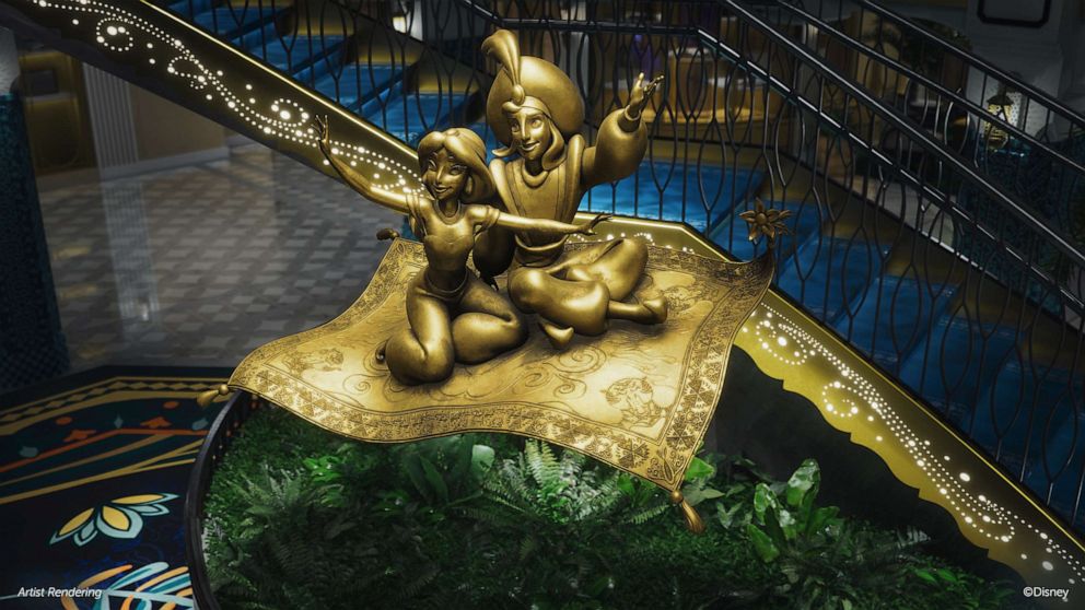 PHOTO: A statue of Aladdin and Jasmine in the Grand Hall aboard the new Disney Treasure.