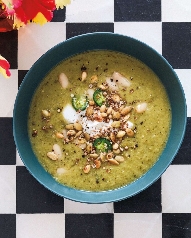 PHOTO: A recipe for Roasted Poblano-Tomatillo Soup by Drew Barrymore with Chef Pilar Valdes in new cook book.