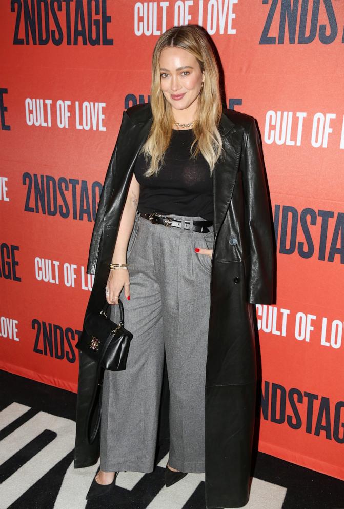 PHOTO: Hilary Duff poses at the opening night of Second Stage Theatre's new play "The Cult of Love" on Broadway at The Hayes Theater on Dec. 12, 2024 in New York City.