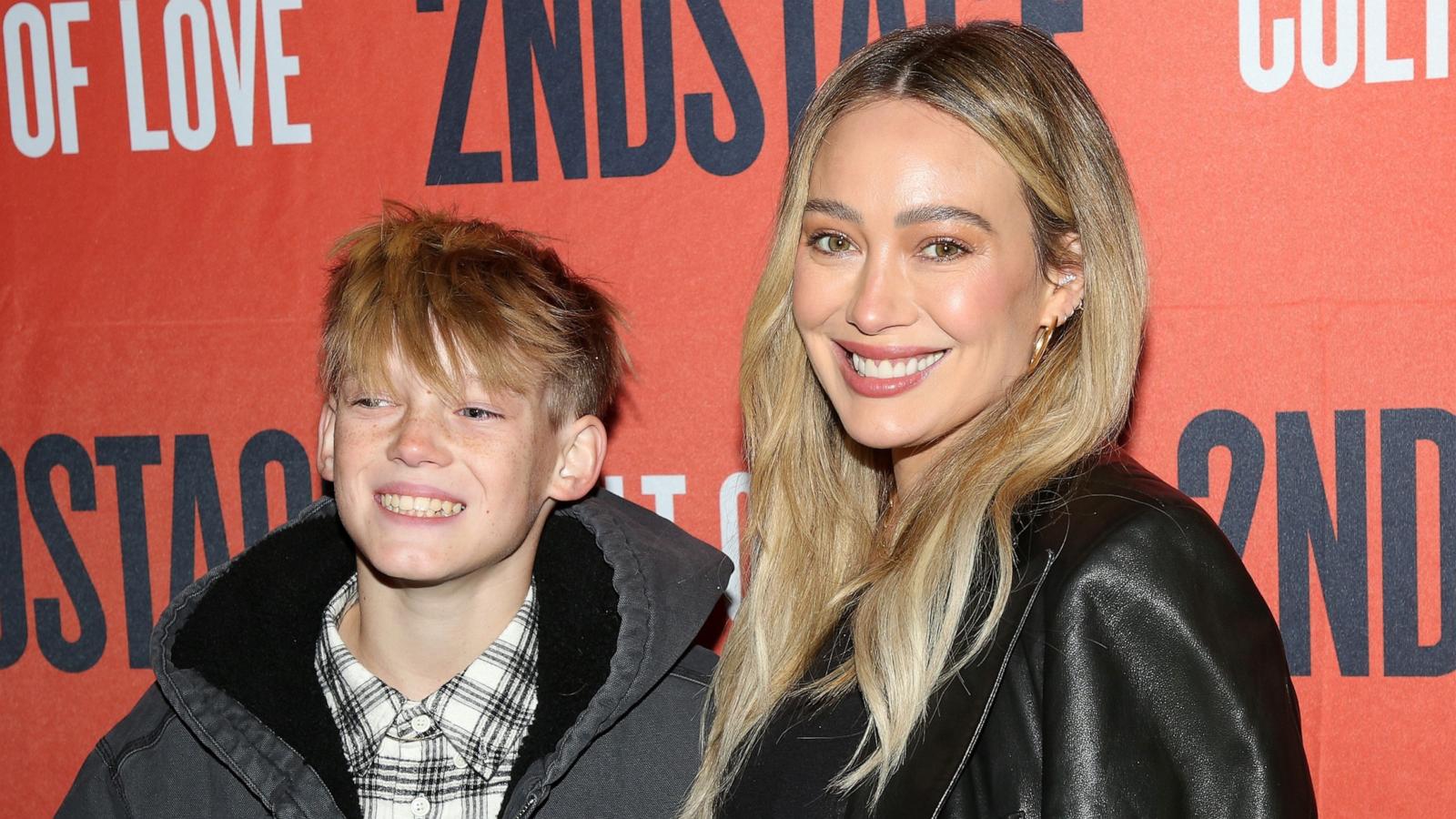 PHOTO: Luca Comrie and Hilary Duff pose at the opening night of Second Stage Theatre's new play "The Cult of Love" on Broadway at The Hayes Theater on Dec. 12, 2024 in New York City.