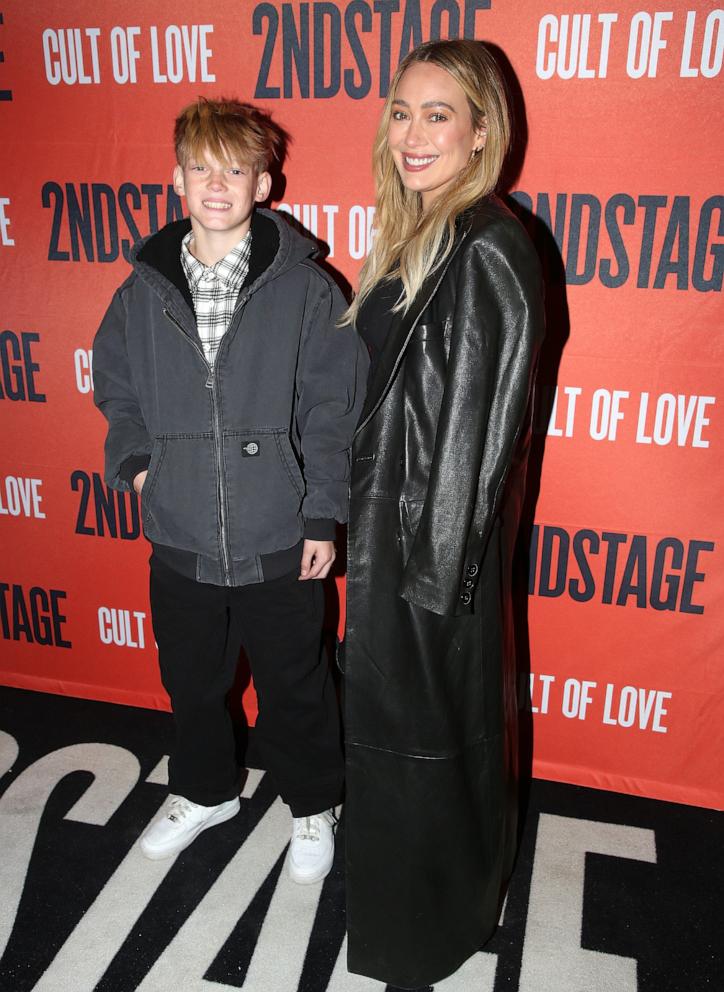 PHOTO: Luca Comrie and Hilary Duff pose at the opening night of Second Stage Theatre's new play "The Cult of Love" on Broadway at The Hayes Theater on Dec. 12, 2024 in New York City.