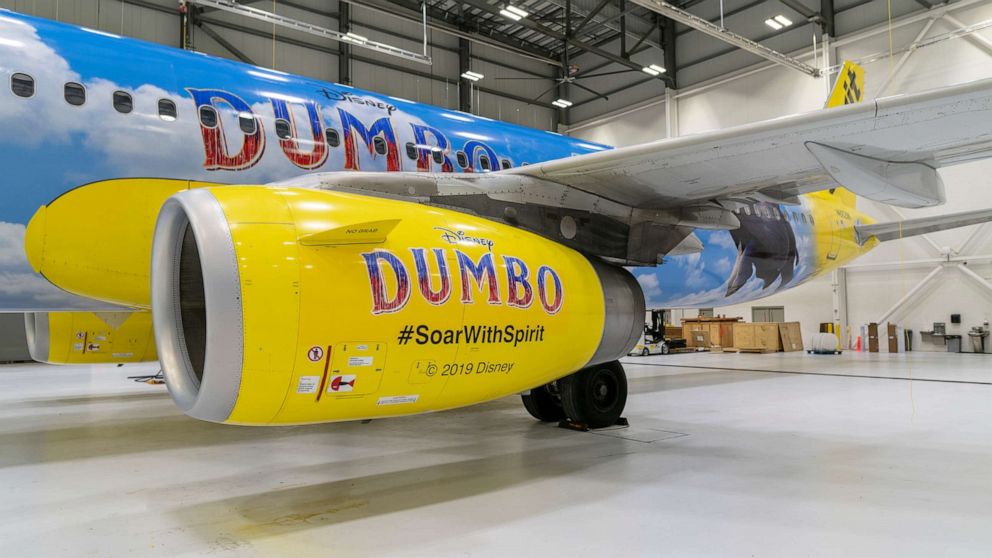 PHOTO: Spirit Airlines A321 wrapped with Disney's "Dumbo" livery inside the airline's Detroit maintenance hangar.