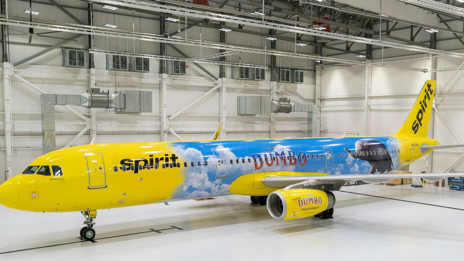 PHOTO: Spirit Airlines A321 aircraft featuring livery celebrating Disney's "Dumbo" movie release is shown.