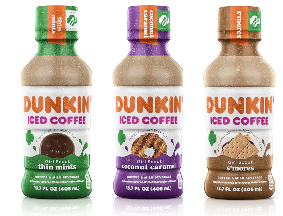 PHOTO: Dunkin’ Iced Coffee in Girl Scout Cookie inspired flavors includes Thin Mints, Coconut Caramel and S’mores.