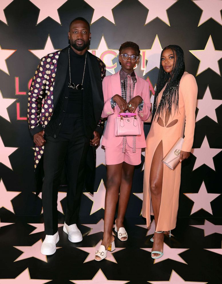 PHOTO: Dwyane Wade, Zaya Wade and Gabrielle Union arrive at the Gucci Love Parade, Nov. 2, 2021, in Los Angeles. 
