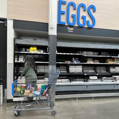 PHOTO: A shopper selects a carton of eggs from a display in a Walmart store, Feb. 7, 2025, in Englewood, Colo.