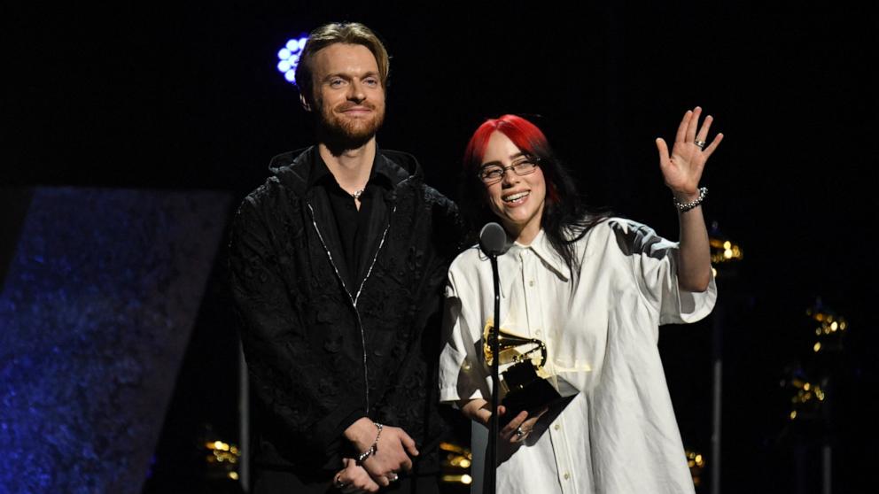 PHOTO: Finneas O'Connell and singer songwriter Billie Eilish accept the award for best Song Written for Visual Media for "What Was I Made For?" during the 66th Annual Grammy Awards pre-telecast show at the Crypto.com Arena in Los Angeles on Feb. 4, 2024. 