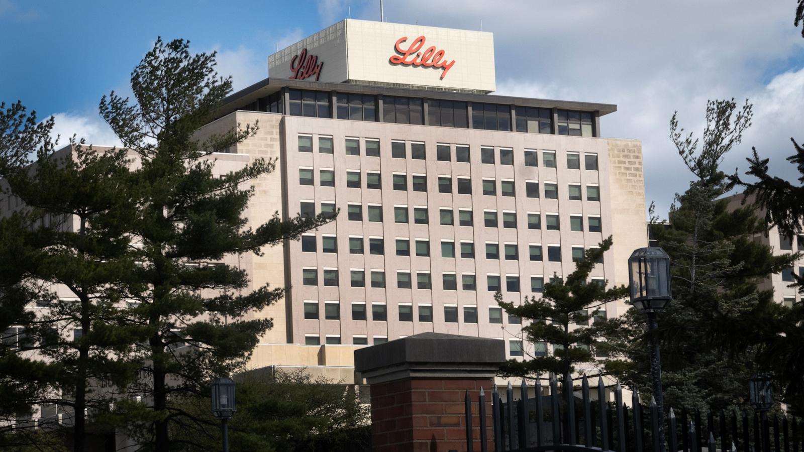 PHOTO: The company logo sits atop a building on the headquarters campus of Eli Lilly and Company, March 17, 2024 in Indianapolis, Indiana.