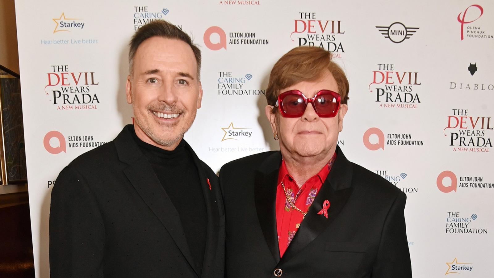 PHOTO: David Furnish and Sir Elton John attend "The Devil Wears Prada Musical" charity gala night in support of the Elton John Aids Foundation at The Dominion Theatre, Dec. 1, 2024, in London.