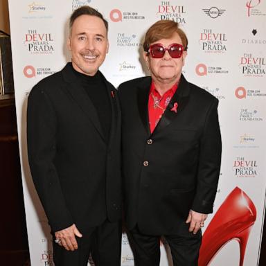 PHOTO: David Furnish and Sir Elton John attend "The Devil Wears Prada Musical" charity gala night in support of the Elton John Aids Foundation at The Dominion Theatre, Dec. 1, 2024, in London.