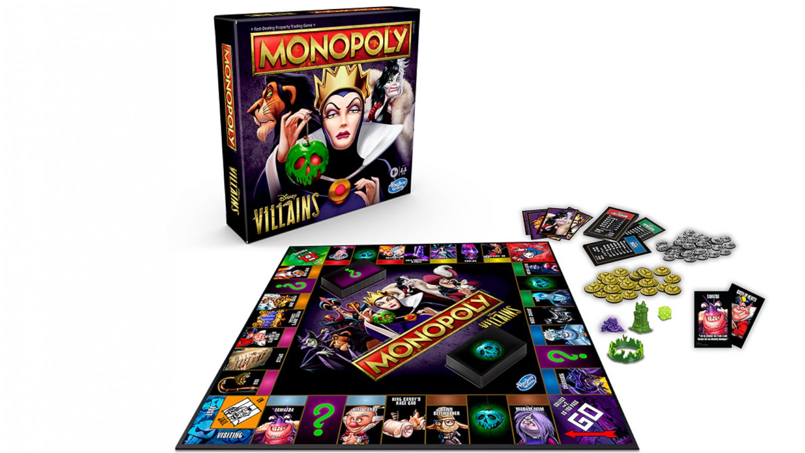 PHOTO: In this Monopoly: Disney Villains Edition Game, players travel around the board using a villain token and play as Cruella, Jafar, Scar, Evil Queen, Maleficent, or Hook.