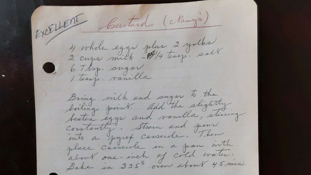 PHOTO: A handwritten recipe for custard from chef Nyle Flynn’s great grandmother Irene Harrison.
