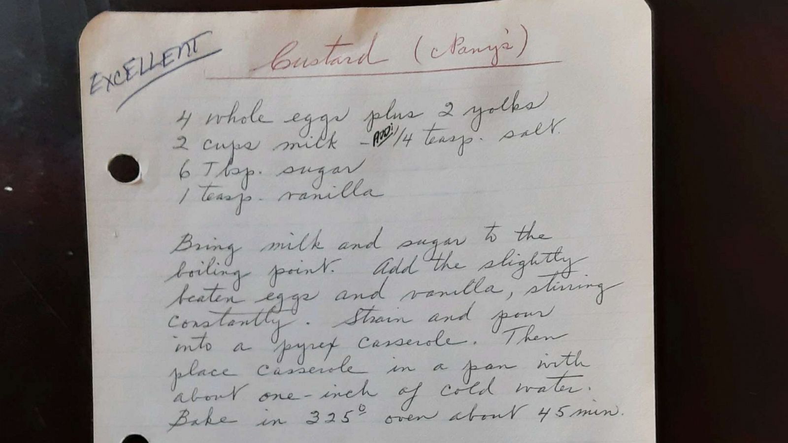 PHOTO: A handwritten recipe for custard from chef Nyle Flynn’s great grandmother Irene Harrison.