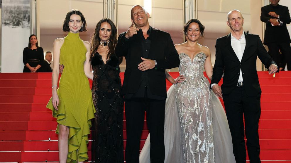 PHOTO: Meadow Rain Walker, Jordana Brewster, Vin Diesel, Michelle Rodriguez and Neal Moritz arrive for the screening of the film "The Fast and the Furious" at the 79th edition of the Cannes Film Festival in Cannes, southern France on May 13, 2026. 