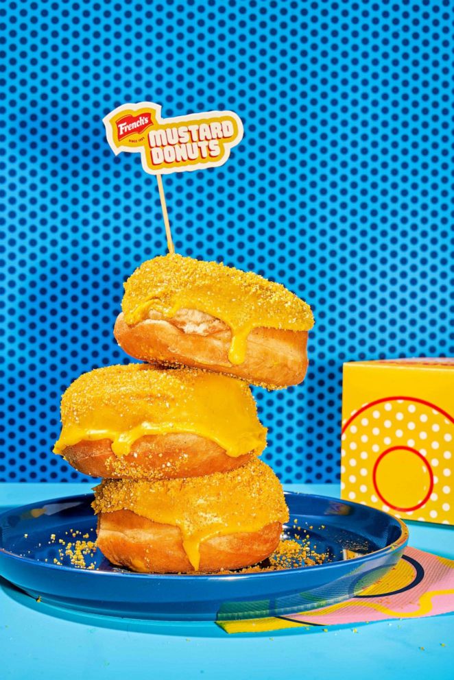 PHOTO: A stack of brioche doughnuts with French's yellow mustard glaze from Dough Dougnuts in New York City.
