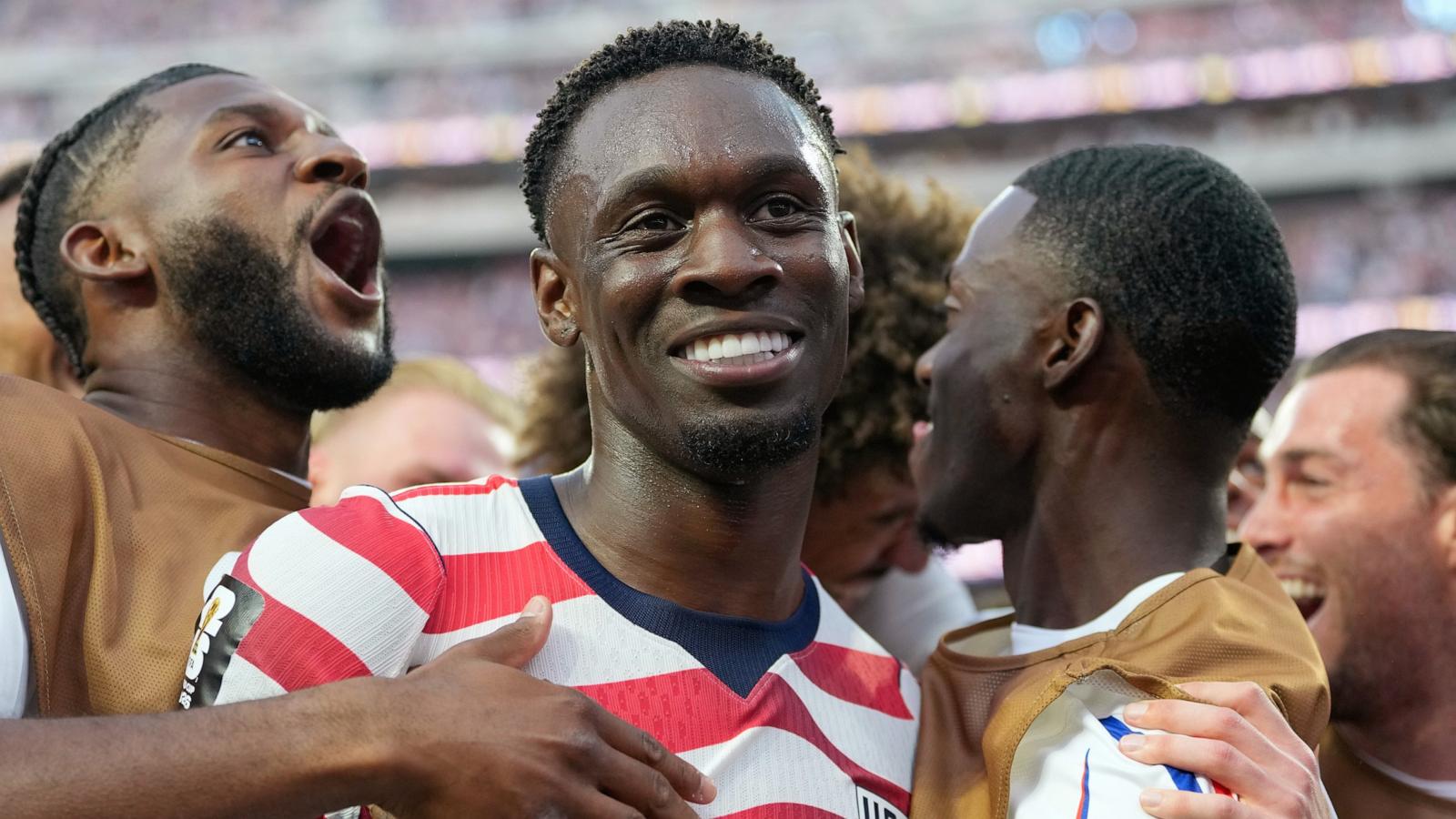 PHOTO: United States' Folarin Balogun, center, celebrates scoring his side's third goal against Paraguay during their FIFA World Cup 2025 Group D soccer match in Inglewood, Calif., June 12, 2026.