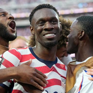 PHOTO: United States' Folarin Balogun, center, celebrates scoring his side's third goal against Paraguay during their FIFA World Cup 2025 Group D soccer match in Inglewood, Calif., June 12, 2026. 