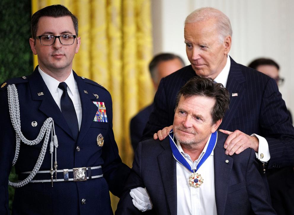 PHOTO: Actor Michael J. Fox is awarded the Presidential Medal of Freedom by U.S. President Joe Biden in the East Room of the White House on Jan. 4, 2025 in Washington, DC. 