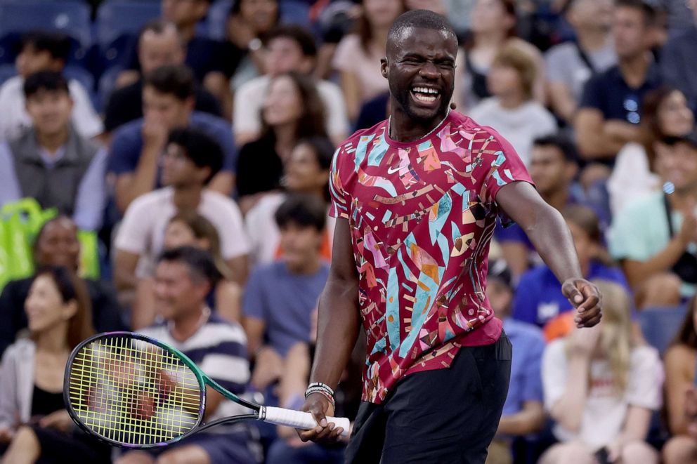 PHOTO: Frances Tiafoe participates in the Stars of the Open Exhibition Match to Benefit Ukraine Relief at USTA Billie Jean King National Tennis Center, August 23, 2023, in New York.