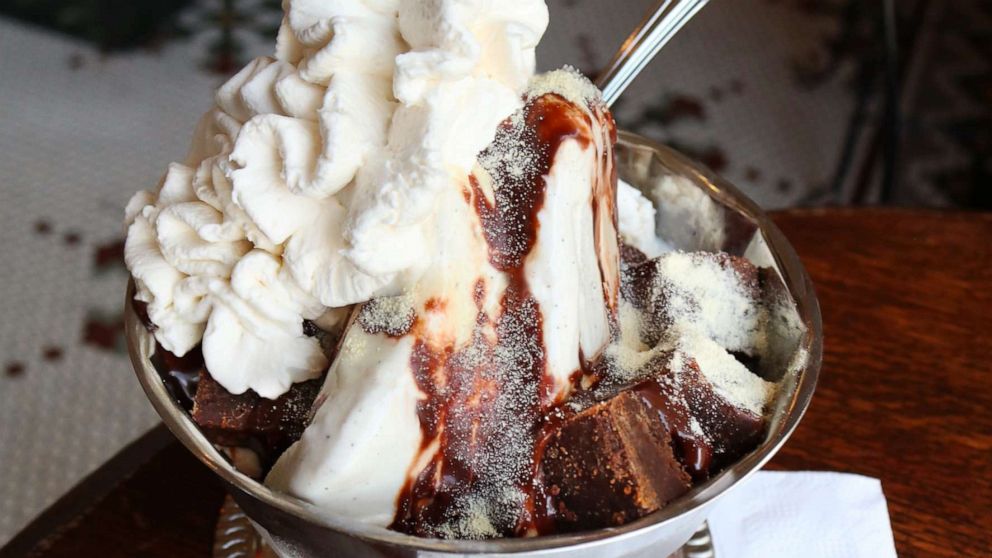 PHOTO: A Mt. Vesuvius sundae with hot fudge and brownie pieces.