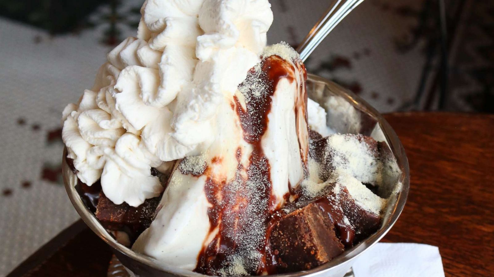 PHOTO: A Mt. Vesuvius sundae with hot fudge and brownie pieces.