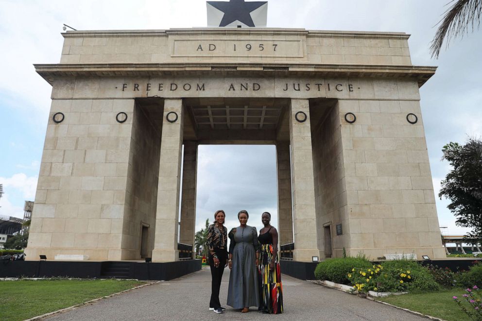 PHOTO: Robin Roberts (left), Samira Bawumia (left), Second Lady of Ghana, and Danai Gurira (right), pose for a photograph at the Black Star Square on Tuesday, Sept. 27, 2022 in Accra, Ghana. (Nipah Dennis AP Images for Good Morning America)