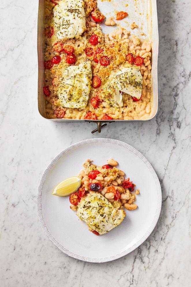 PHOTO: A garlic bread and white bean bake with fish.