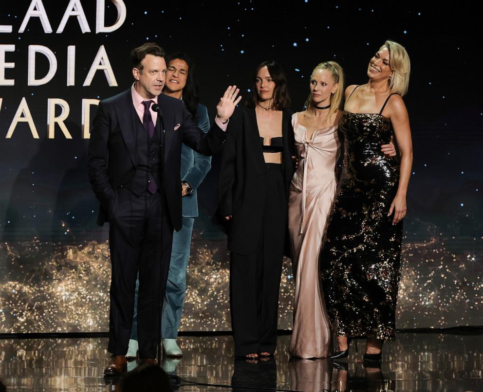 PHOTO: Jason Sudeikis, Cristo Fernandez, Jodi Balfour, Juno Temple, and Hannah Waddingham accept the Outstanding Comedy Series Award for "Ted Lasso" during the 35th annual GLAAD Media Awards at The Beverly Hilton on March 14, 2024 in Beverly Hills, Calif.