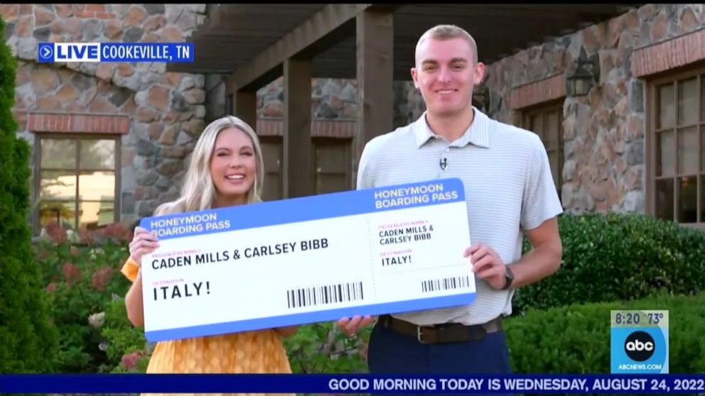 PHOTO: Carlsey Bibb and Caden Mills surprised by "GMA" with a honeymoon trip to Italy.