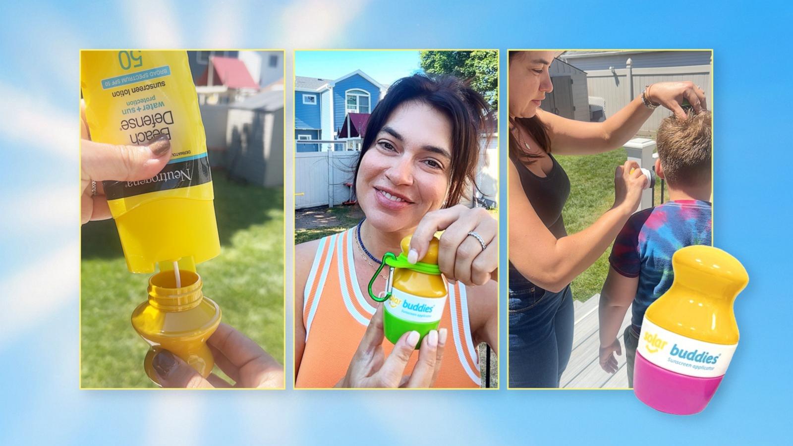 PHOTO: GMA e-commerce and family reporter Bethany Braun-Silva uses Solar Buddies Sunscreen Applicator to put sunscreen on her kids.