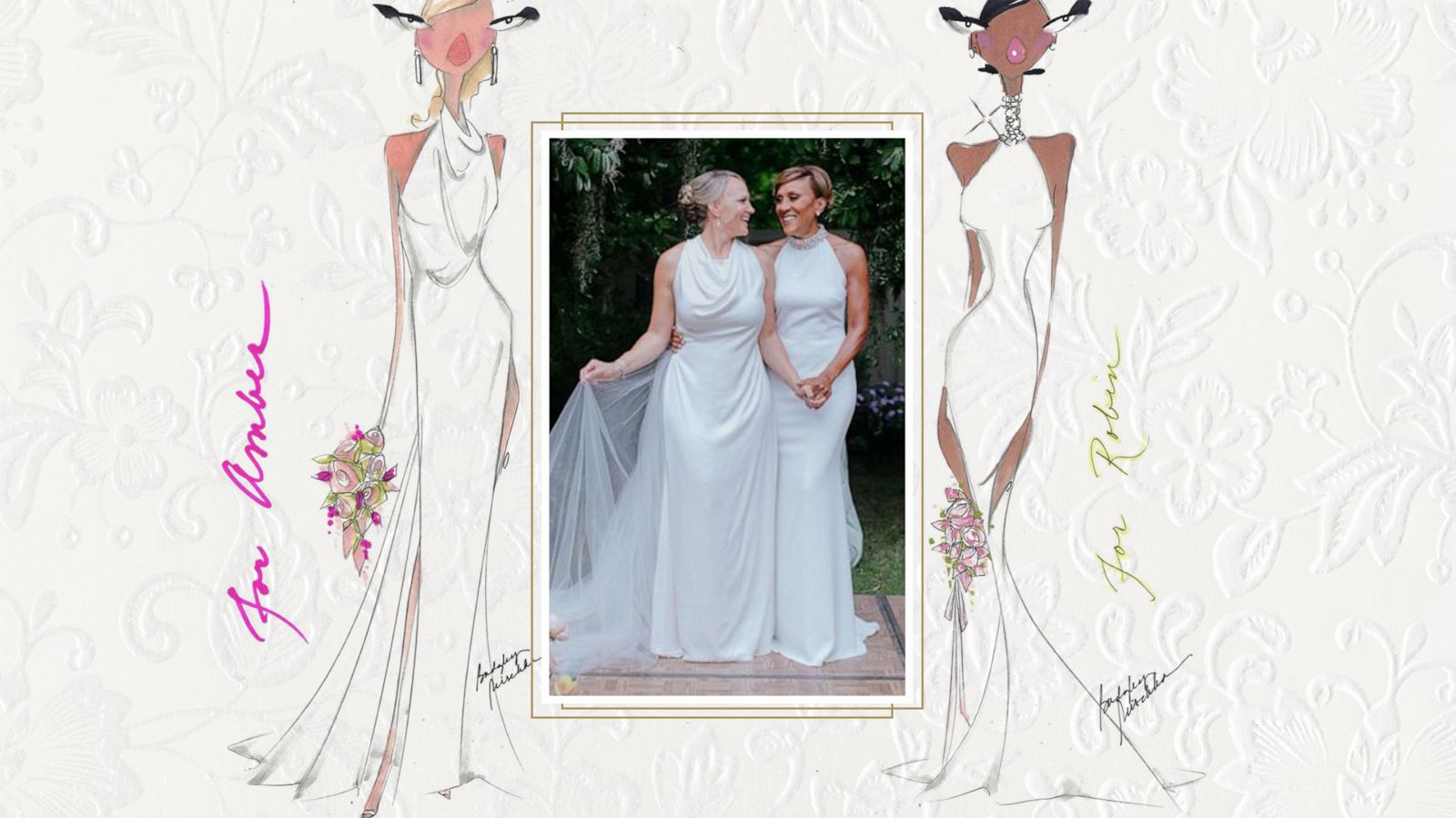 PHOTO: Robin Roberts and Amber Laign sport custom Badgley Mischka dresses for their fairy tale wedding.