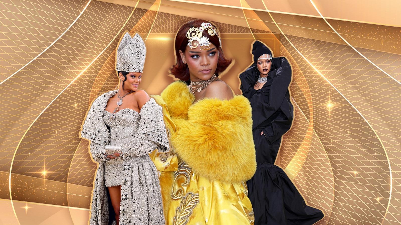 Three images of Rihanna from previous Met Gala red carpets appear in this graphic design image.