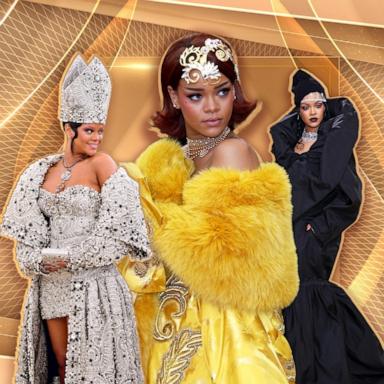 Three images of Rihanna from previous Met Gala red carpets appear in this graphic design image.