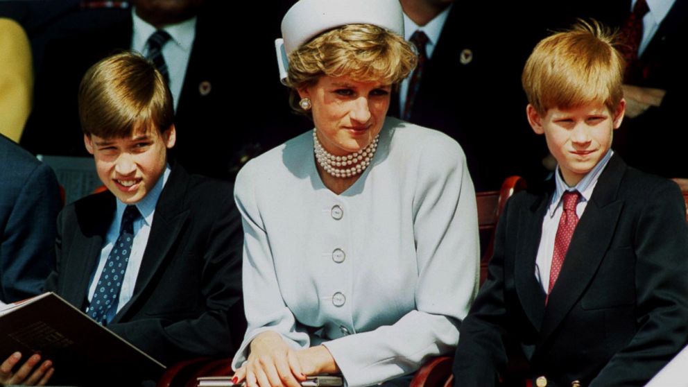 PHOTO: Princess Diana, Princess of Wales with her sons Prince William and Prince Harry attend the Heads of State VE Remembrance Service in Hyde Park in this May 7, 1995 file photo in London.