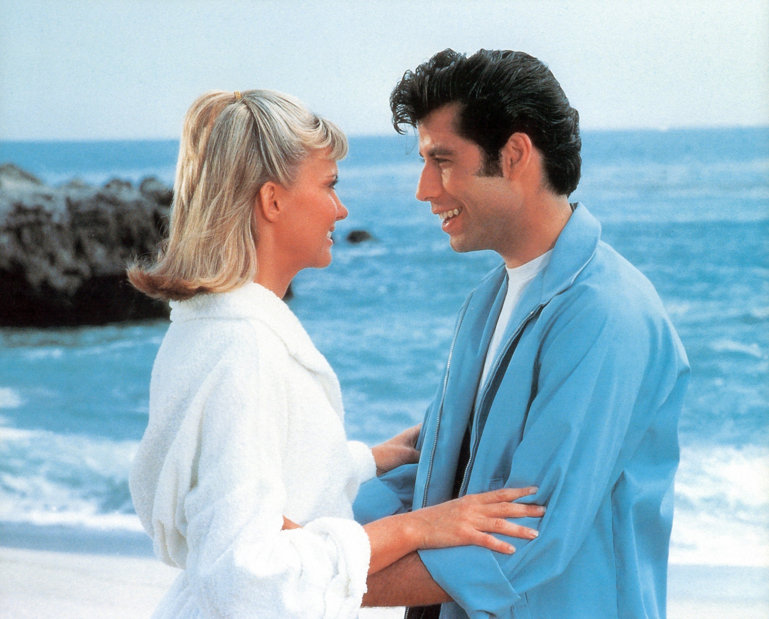 PHOTO: Olivia Newton-John and John Travolta on the beach in a scene from the film "Grease", 1978.