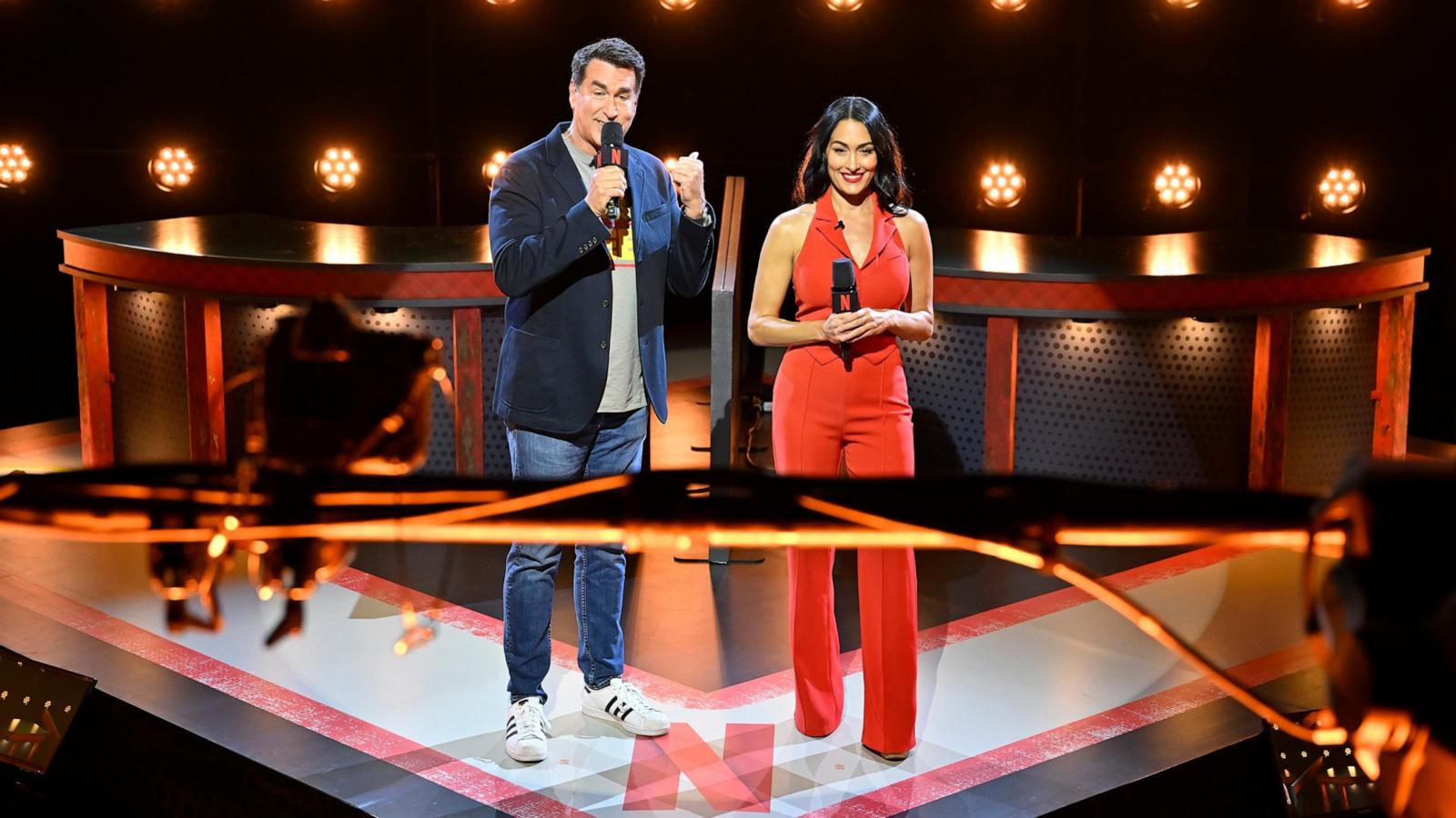 PHOTO: Rob Riggle and Nikki Garcia speak onstage during LIVE Chestnut vs. Kobayashi: Unfinished Beef at the Hyper X Arena at the Luxor on Sept. 2, 2024 in Las Vegas.