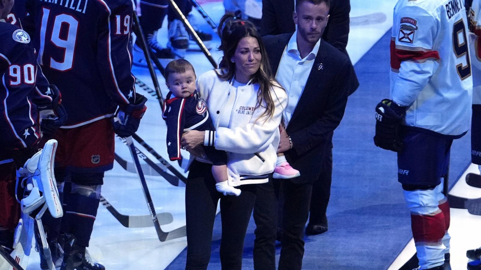 PHOTO: Meredith Gaudreau walks onto the ice during a remembrance for her husband, Columbus Blue Jackets player Johnny Gaudreau before the home opener against the Florida Panthers at Nationwide Arena in Columbus, Ohio, Oct. 15, 2024.