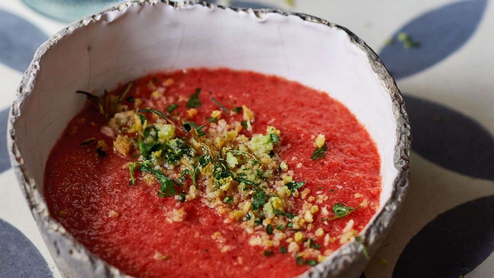 PHOTO: A bowl of homemade tomato and strawberry gazpacho.