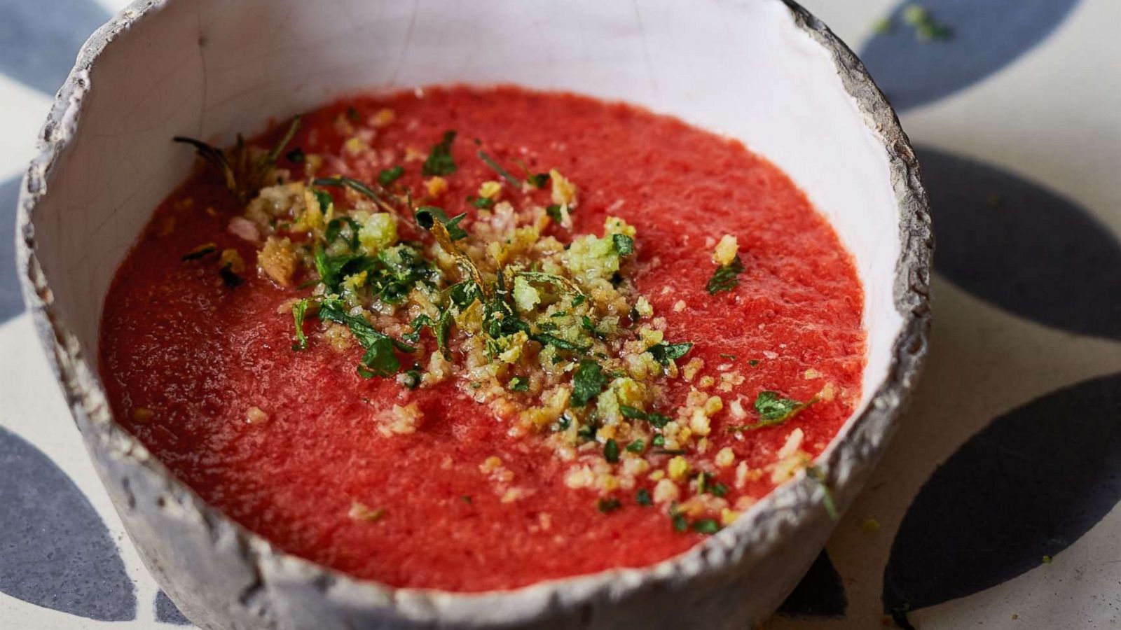 PHOTO: A bowl of homemade tomato and strawberry gazpacho.