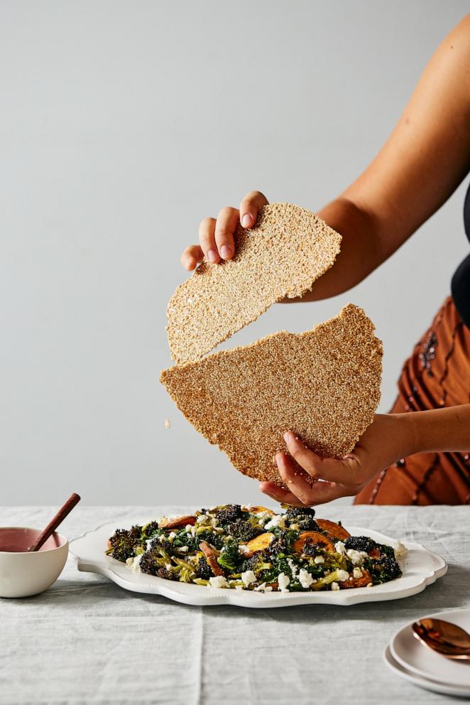 PHOTO: Broccoli Sweet Potato Harvest Salad with Maple Sesame Crunch from Carolina Gelen's new cookbook, "Pass the Plate."