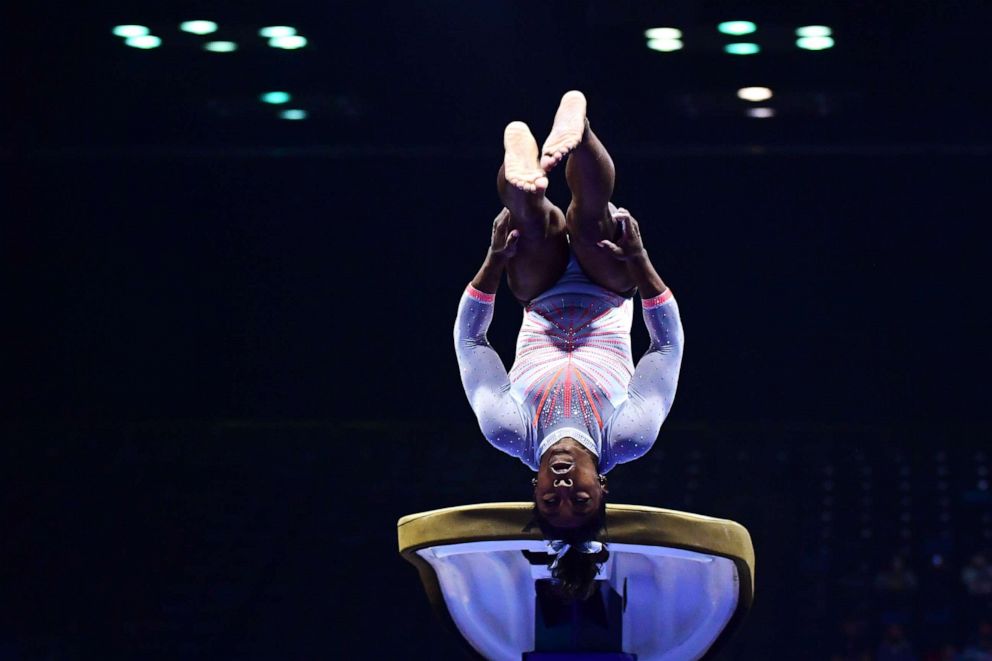 PHOTO: Simone Biles made history becoming the first woman in history to land the Yurchenko double pike in the vault, on May 22, 2021, at the 2021 GK U.S. Classic gymnastics competition at the Indiana Convention Center, in Indianapolis.