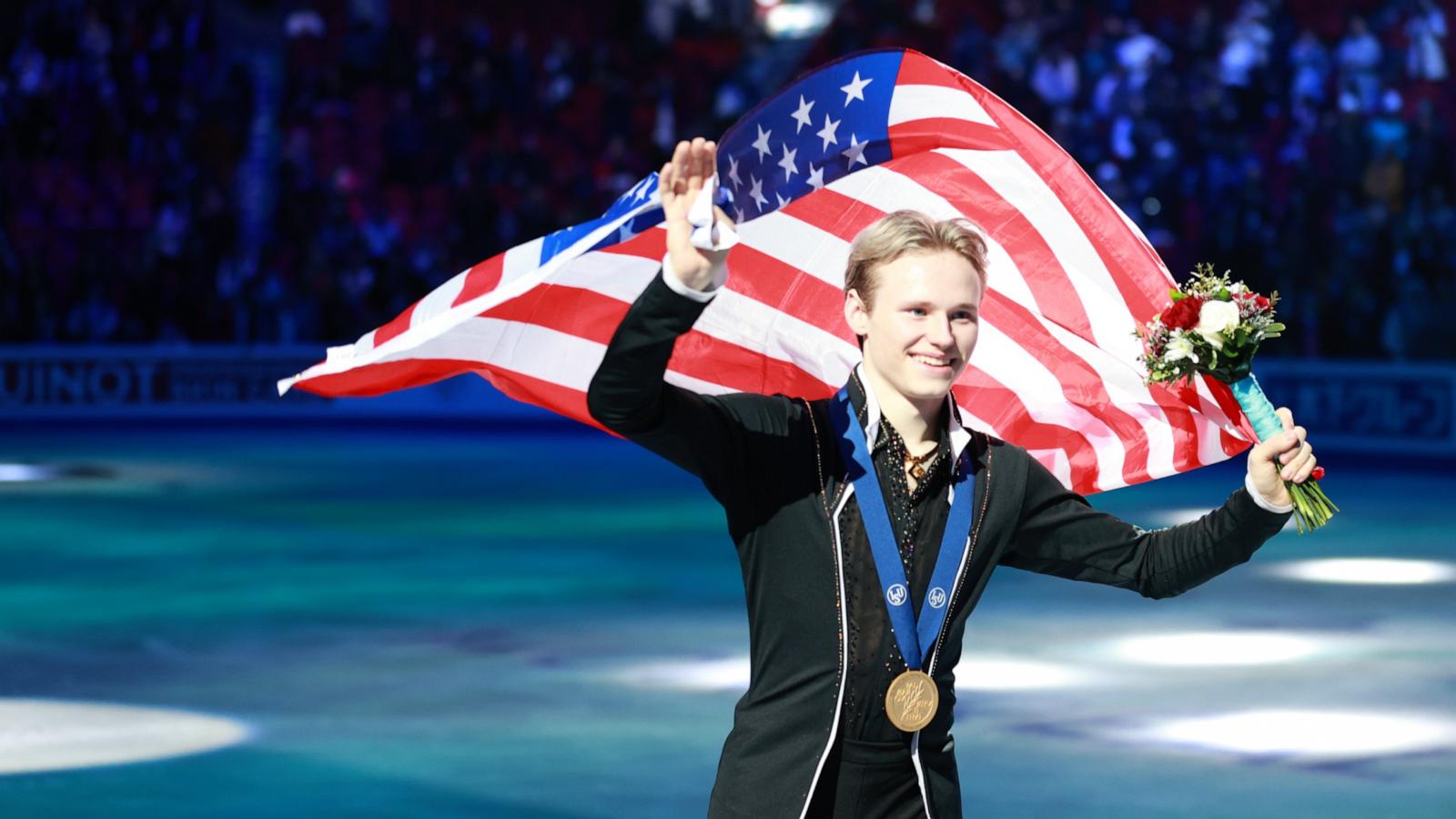 Gold medalist Ilia Malinin of United States celebrates after competing in Men Free Skating during World Figure Skating Championships 2024 in Montreal, Quebec, Canada on March 23, 2024. (Photo by Mert Alper Dervis/Anadolu via Getty Images)