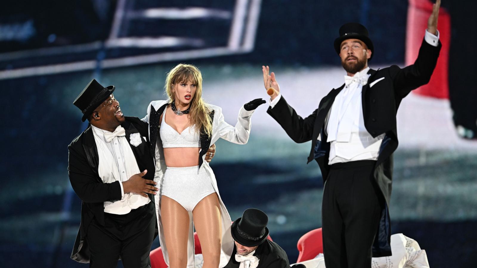 Taylor Swift is joined on stage by Travis Kelce during "Taylor Swift | The Eras Tour" at Wembley Stadium on June 22, 2024, in London, England. (Photo by Gareth Cattermole/TAS24/Getty Images for TAS Rights Management)