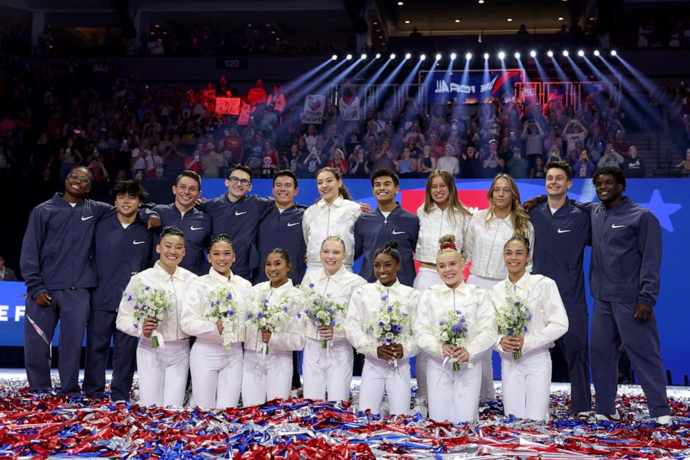 Members of the Men's and Women's 2024 U.S. Olympic Gymnastics Team pose on Day Four of the 2024 U.S. Olympic Team Gymnastics Trials at Target Center on June 30, 2024, in Minneapolis, Minnesota. (Photo by Elsa/Getty Images)