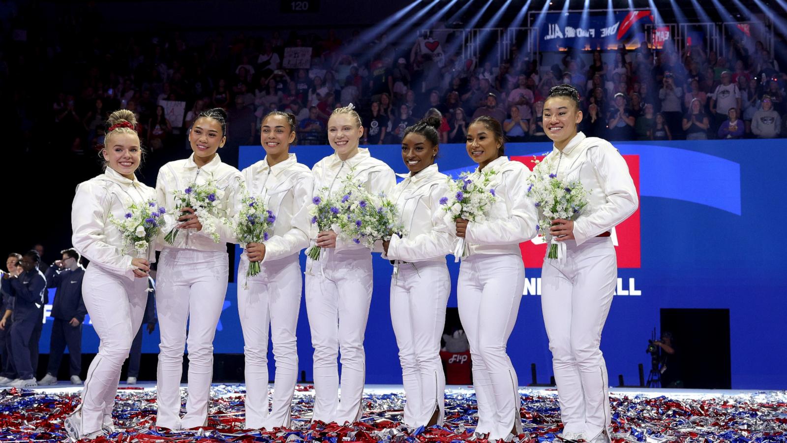 Joscelyn Roberson, Suni Lee, Hezly Rivera, Jade Carey, Simone Biles, Jordan Chiles and Leanne Wong pose after being selected for the 2024 U.S. Olympic Women's Gymnastics Team 2024 (Photo by Elsa/Getty Images)