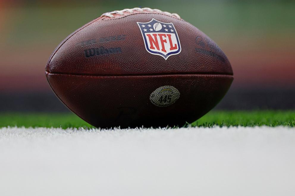 PHOTO: The NFL Shield logo on the ball prior to the AFC Wild Card Playoff game between the Los Angeles Chargers and Houston Texans at NRG Stadium on Jan. 11, 2025 in Houston, Texas. 