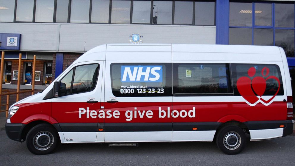 PHOTO: A NHS blood donation van outside Goodison Park, England.