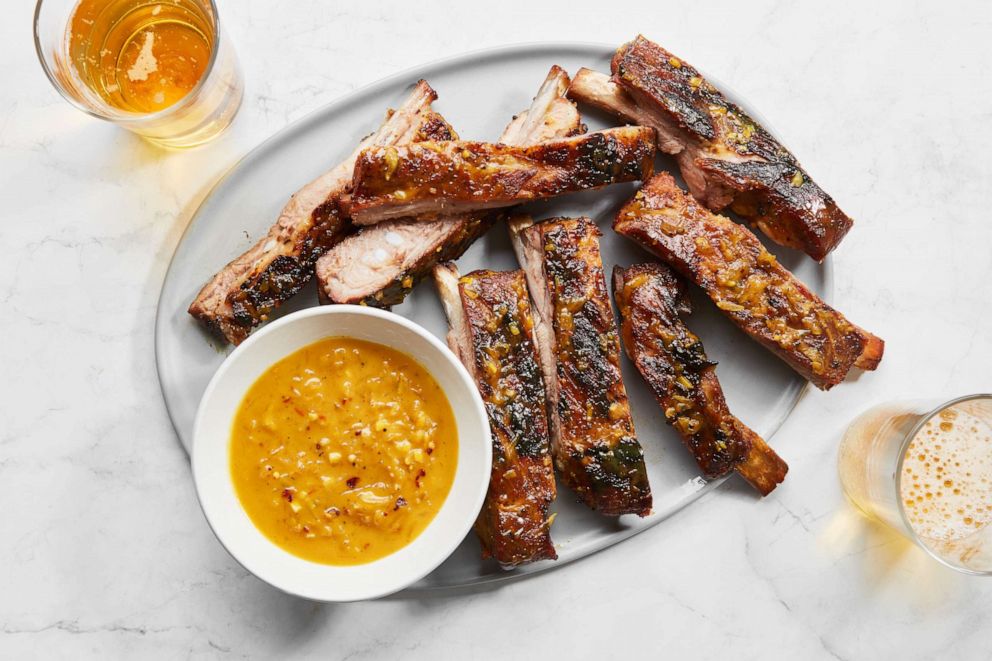 PHOTO: Pork spareribs with ginger-mustard barbecue sauce.
